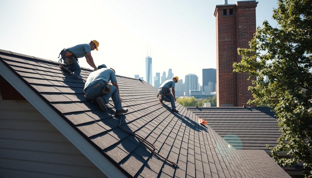 Professional roofing crew working on a Chicago residential roof