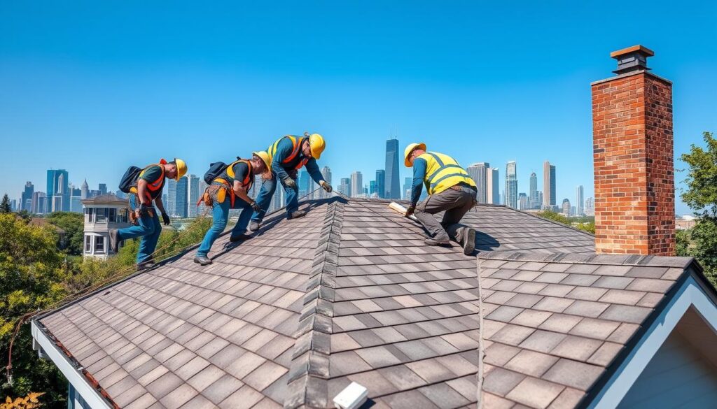 Professional roofing crew working on a Chicago residential roof installation