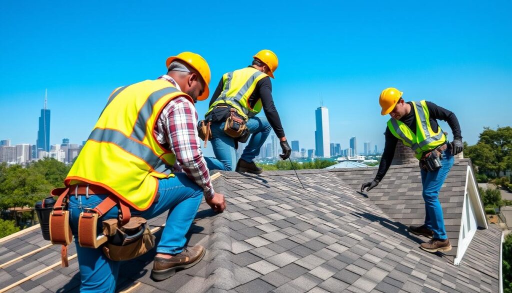 Professional roofing crew working on a Chicago residential roof installation