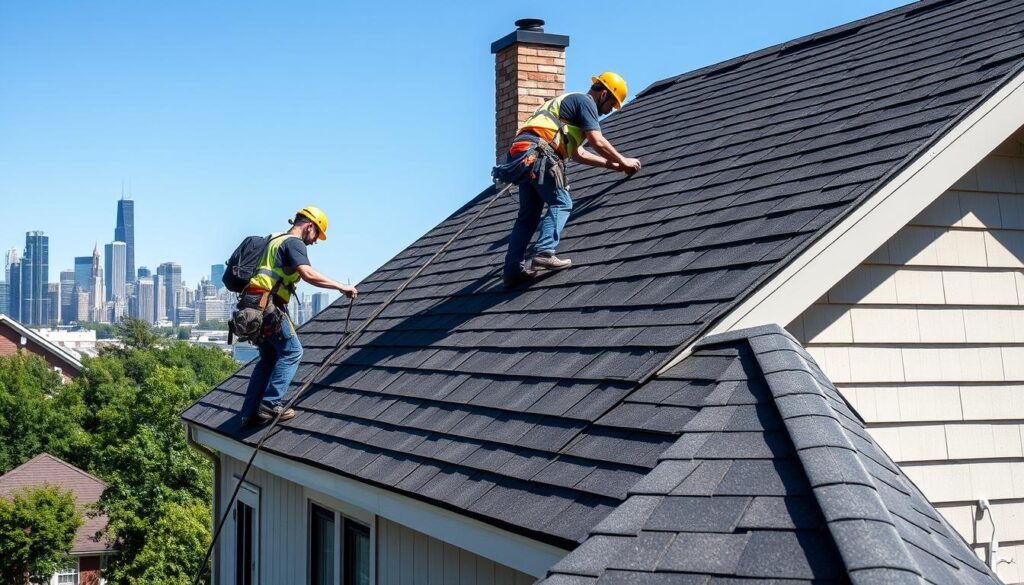 Professional roofing crew working on a Chicago residential roof installation