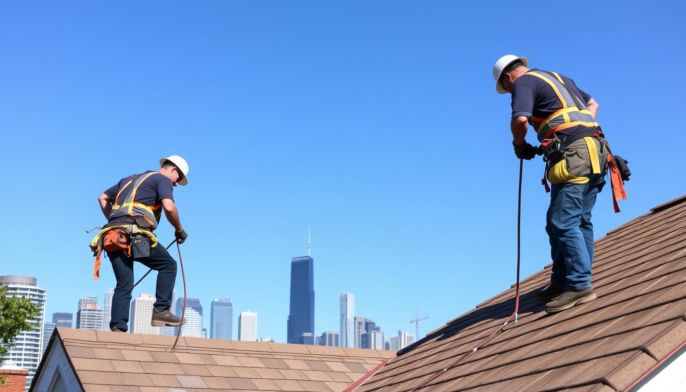 Professional roofing crew working on a Chicago residential roof with city skyline in background