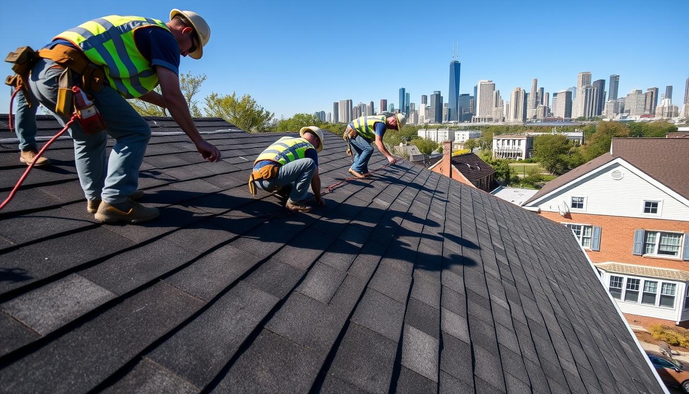 Professional roofing crew working on a residential roof in Chicago