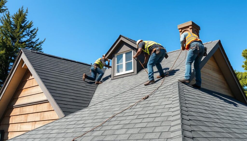 Professional roofing in Chicago crew installing new shingles on a residential home Professional roofing in Chicago crew installing new shingles on a residential home