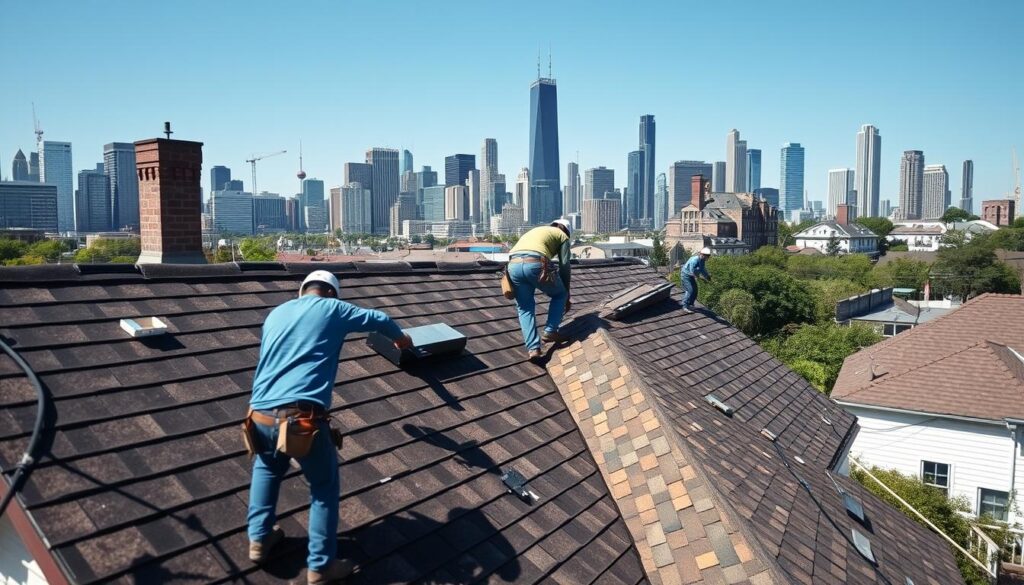 Professional roofing in Chicago with city skyline in background Professional roofing in Chicago with city skyline in background