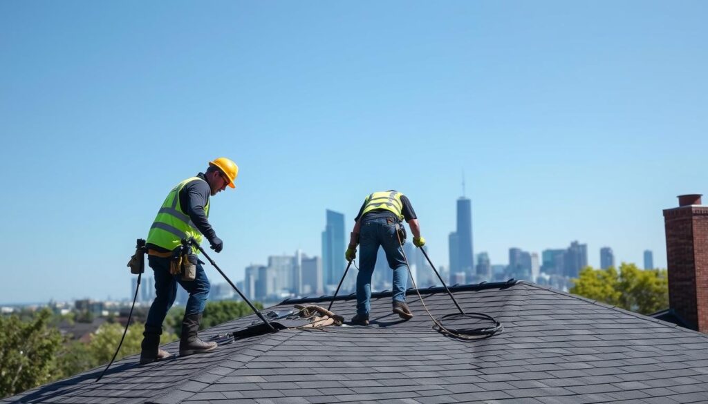 Professional roofing in Chicago with skyline view Professional roofing in Chicago with skyline view