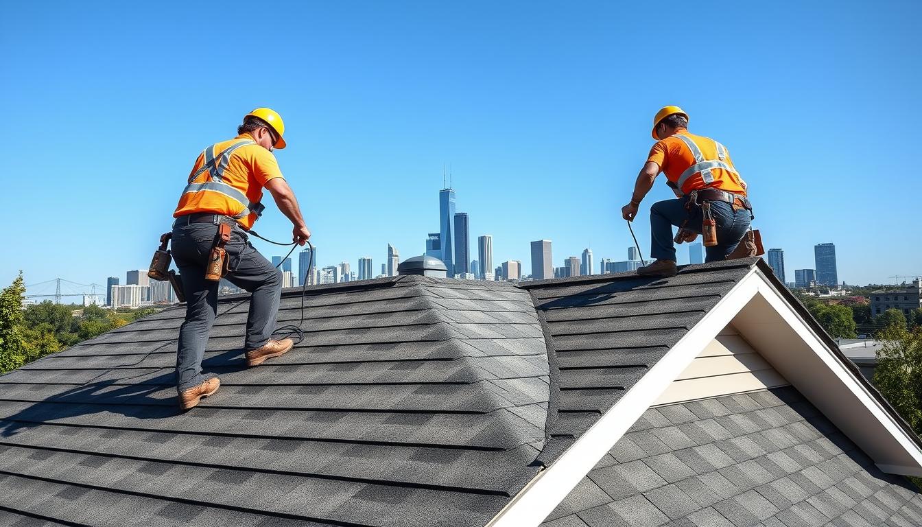 Professional roofing in Chicago with skyline view