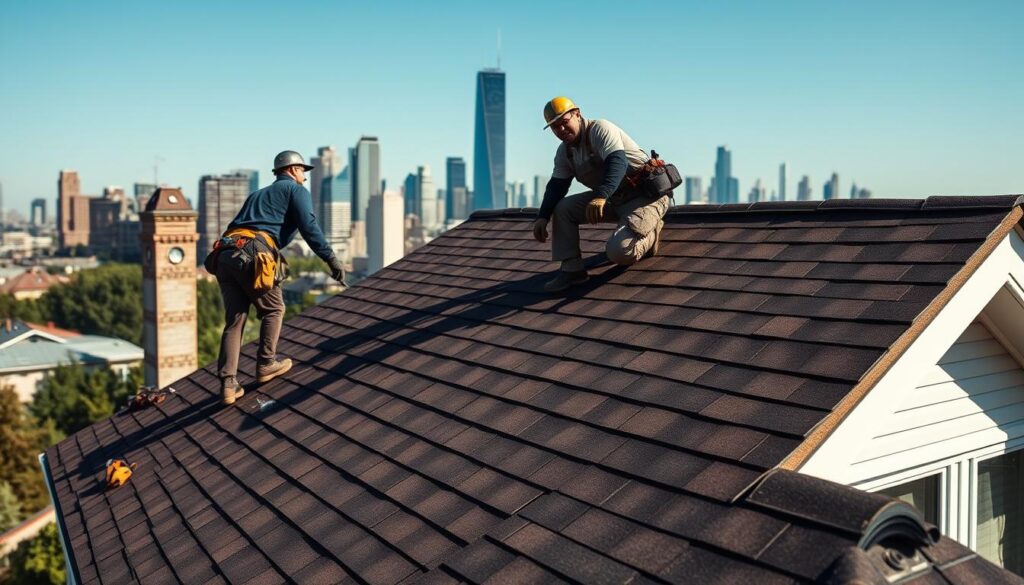Professional roofing in Chicago with skyline view