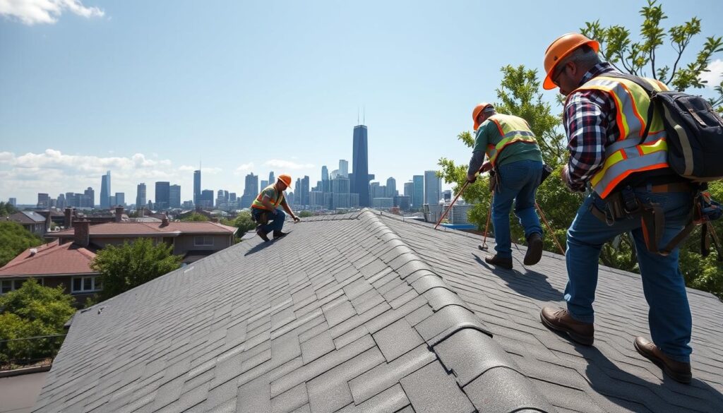Professional roofing in Chicago with skyline view