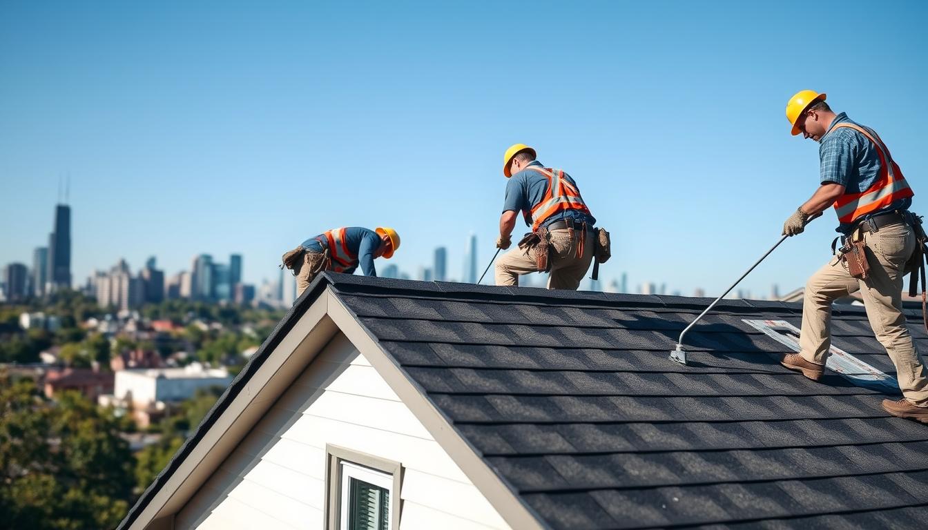 Professional roofing in Chicago with skyline view