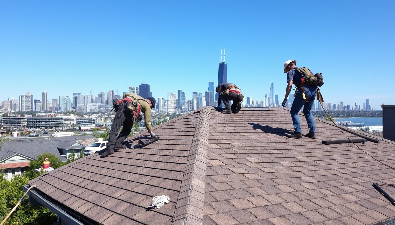 Professional roofing in Chicago with skyline view