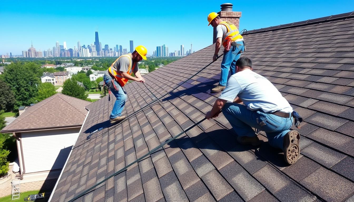 Professional roofing services in Chicago with skyline view