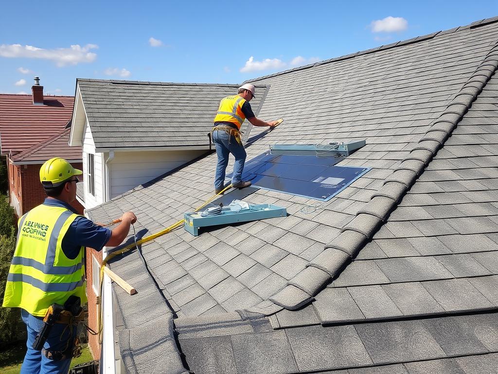 Professional roofing team in Chicago completing a residential roof installation Professional roofing team in Chicago completing a residential roof installation