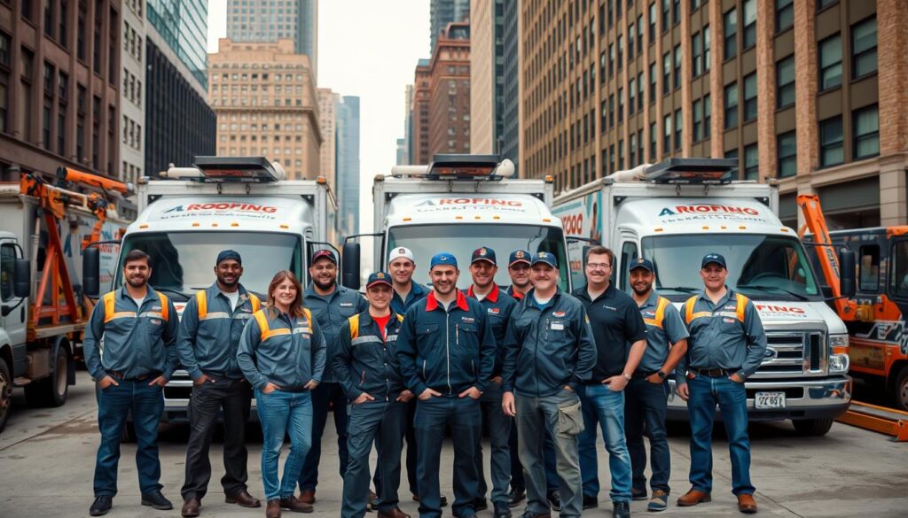 Professional roofing team in Chicago with trucks and equipment Professional roofing team in Chicago with trucks and equipment