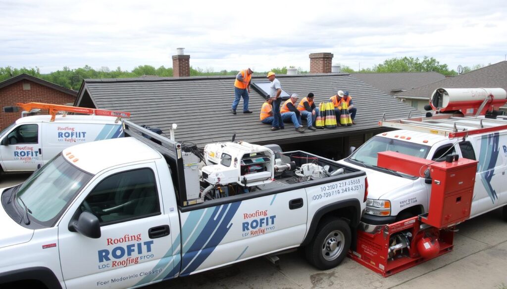 Professional roofing team in Chicago with trucks and equipment Professional roofing team in Chicago with trucks and equipment