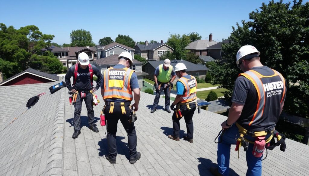 Professional roofing team in Chicago working on a residential roof Professional roofing team in Chicago working on a residential roof