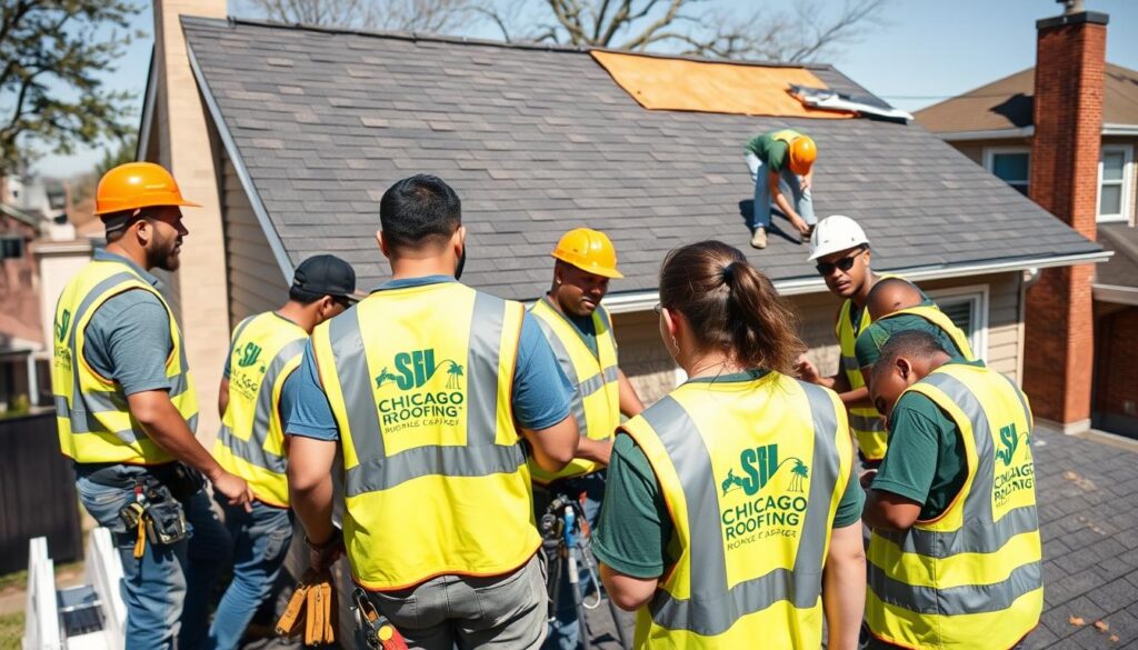 Professional roofing team in Chicago working on residential project Professional roofing team in Chicago working on residential project