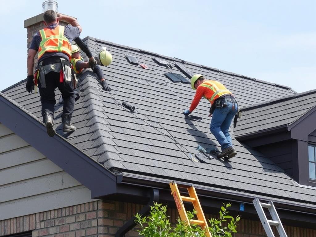 Roof installation in Chicago showing workers installing new shingles Roof installation in Chicago showing workers installing new shingles