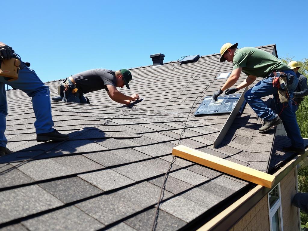 Roof installation in Chicago with workers installing new shingles Roof installation in Chicago with workers installing new shingles