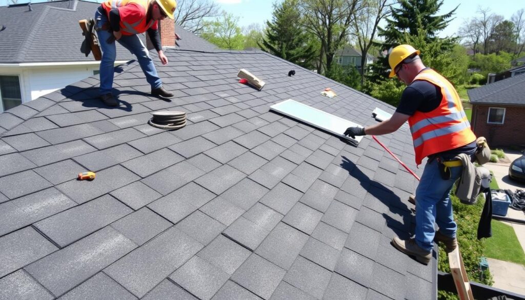Roof installation in progress on a Chicago residential property Roof installation in progress on a Chicago residential property