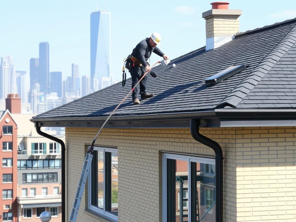 Roof maintenance being performed on Chicago building Roof maintenance being performed on Chicago building
