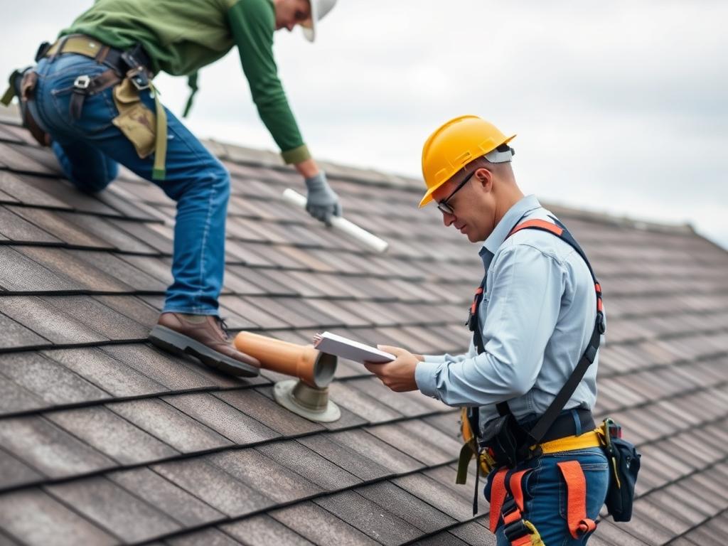 Roof maintenance in Chicago with inspector checking roof condition Roof maintenance in Chicago with inspector checking roof condition