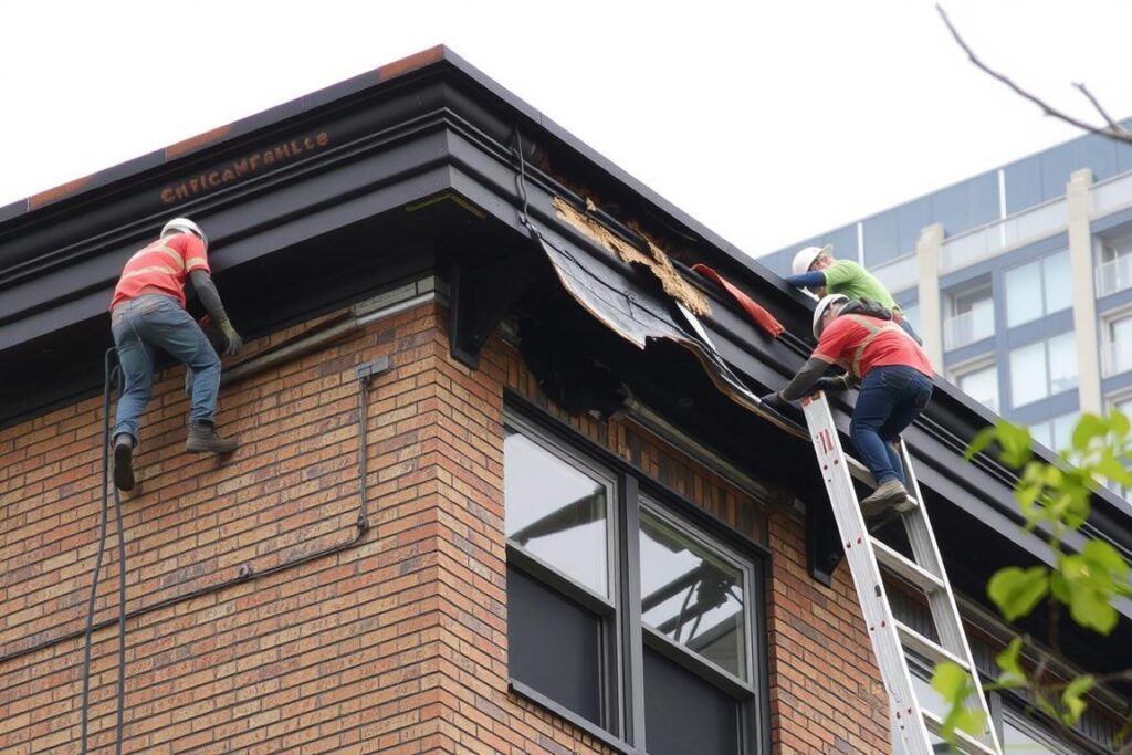 Roof repair being performed on Chicago building Roof repair being performed on Chicago building