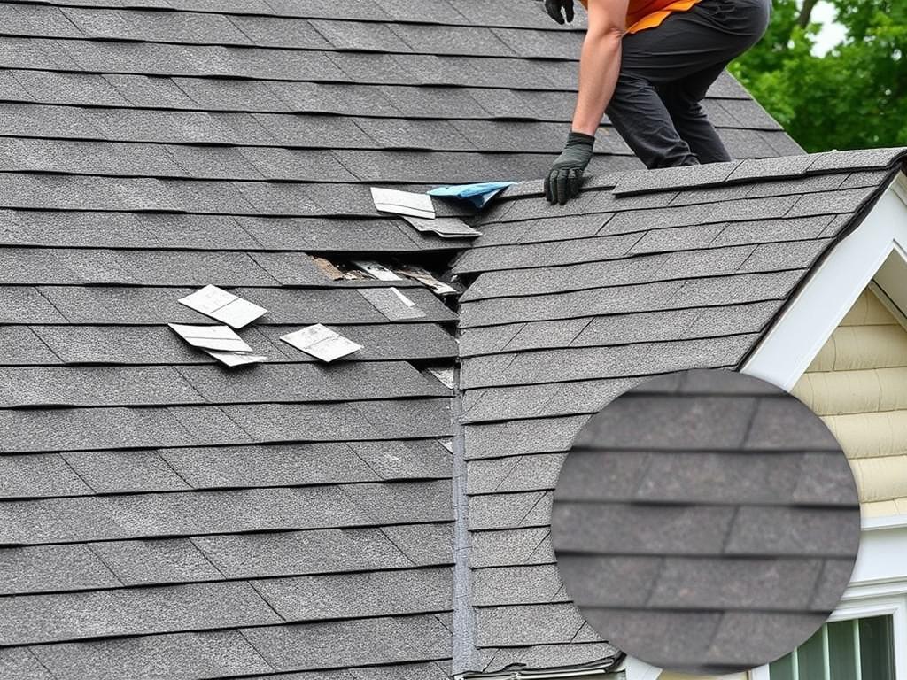 Roof repair being performed on a Chicago home with damaged shingles