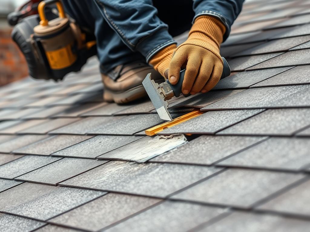 Roof repair in Chicago with technician fixing damaged shingles Roof repair in Chicago with technician fixing damaged shingles