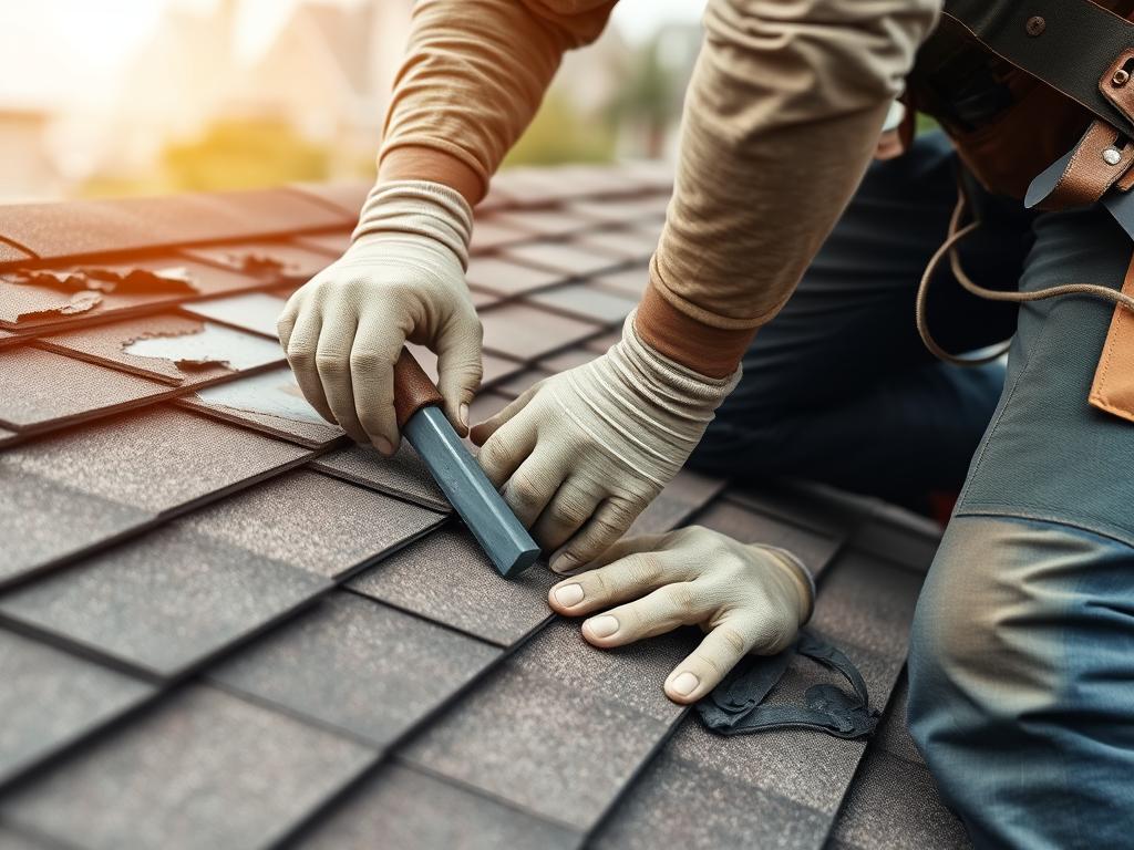 Roof repair in Chicago with technician fixing damaged shingles Roof repair in Chicago with technician fixing damaged shingles