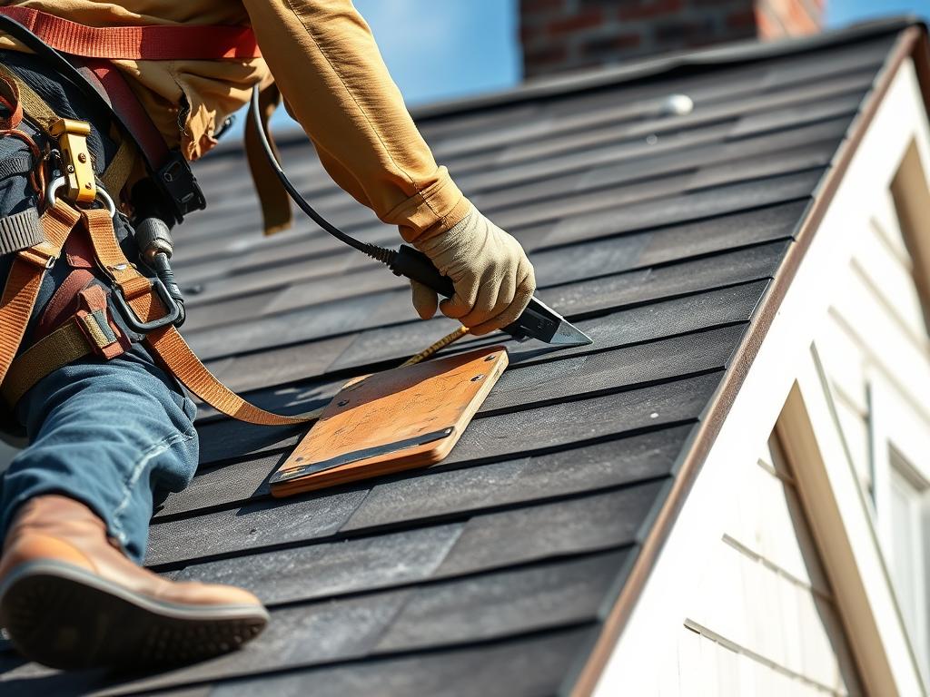 Roof repair technician fixing damaged shingles in Chicago Roof repair technician fixing damaged shingles in Chicago