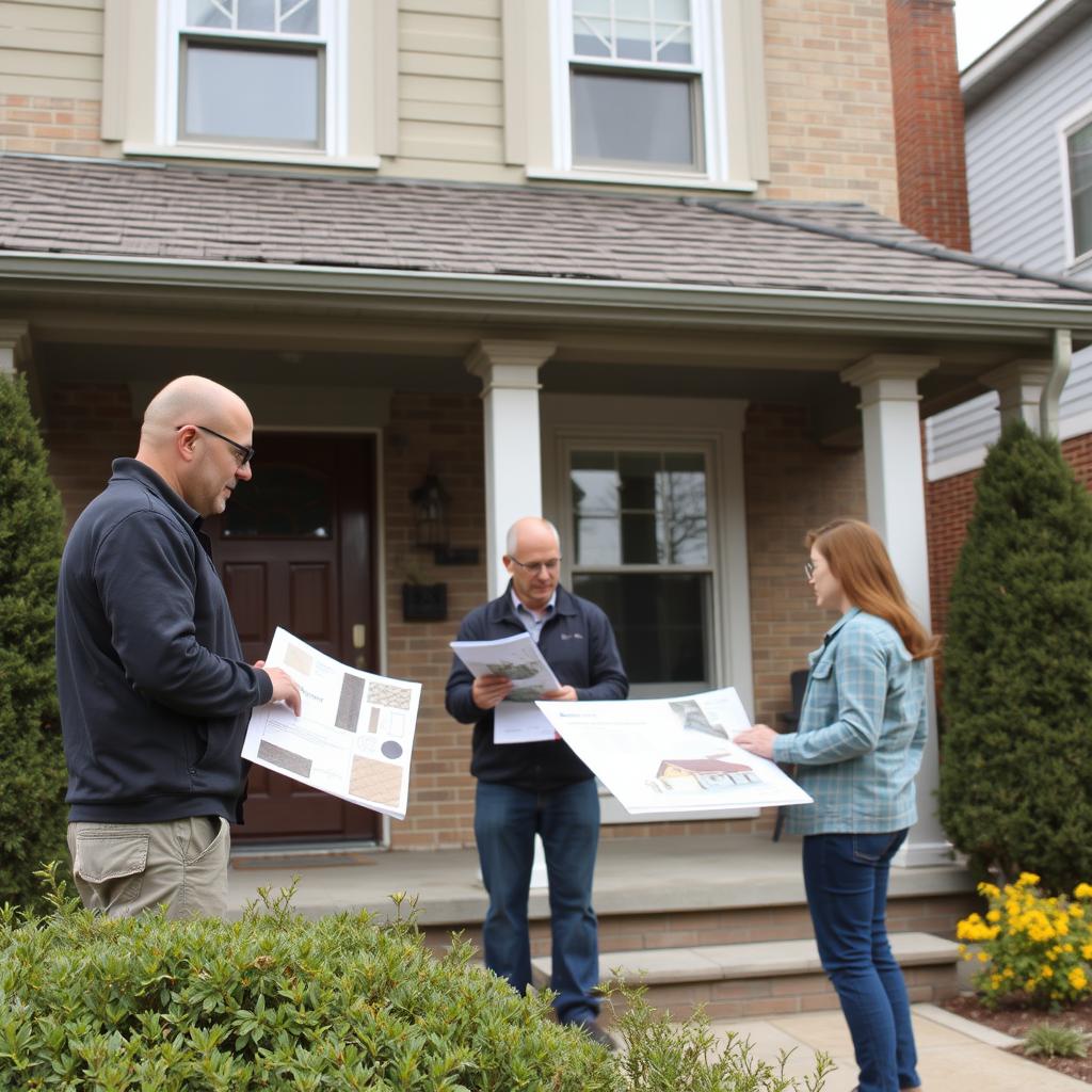 Roofing consultant discussing options with Chicago homeowner Roofing consultant discussing options with Chicago homeowner
