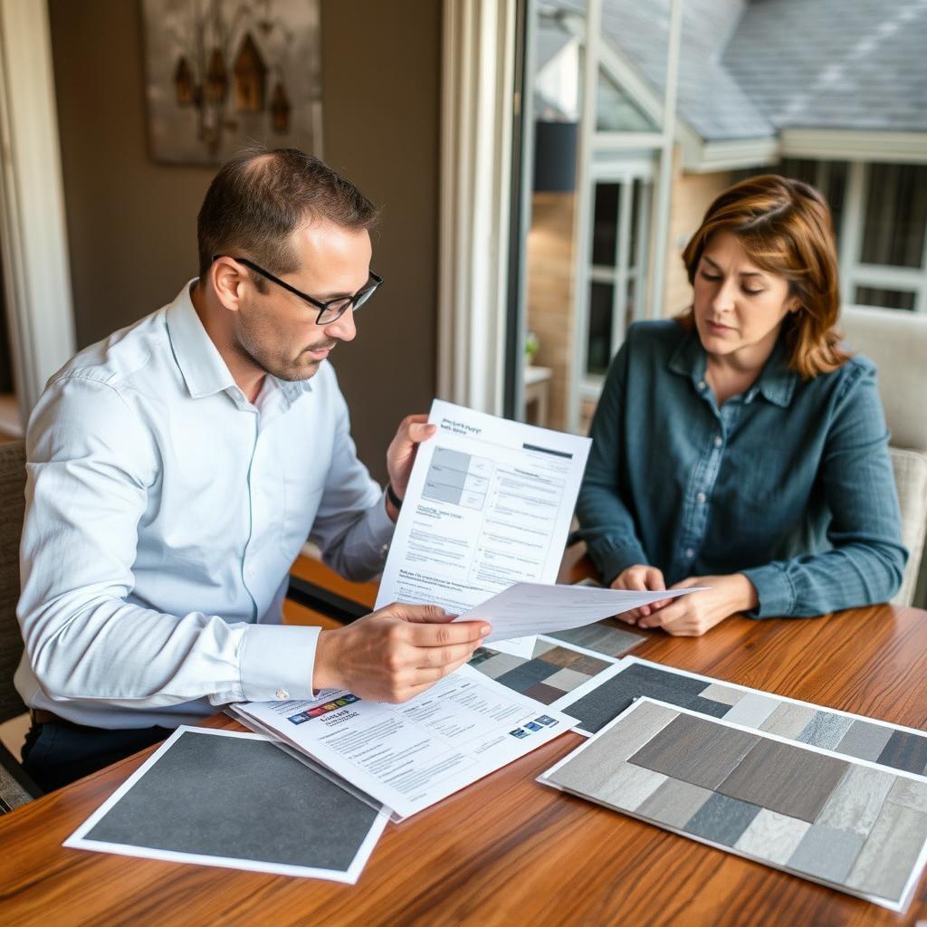 Roofing consultant presenting a detailed proposal to Chicago homeowner Roofing consultant presenting a detailed proposal to Chicago homeowner