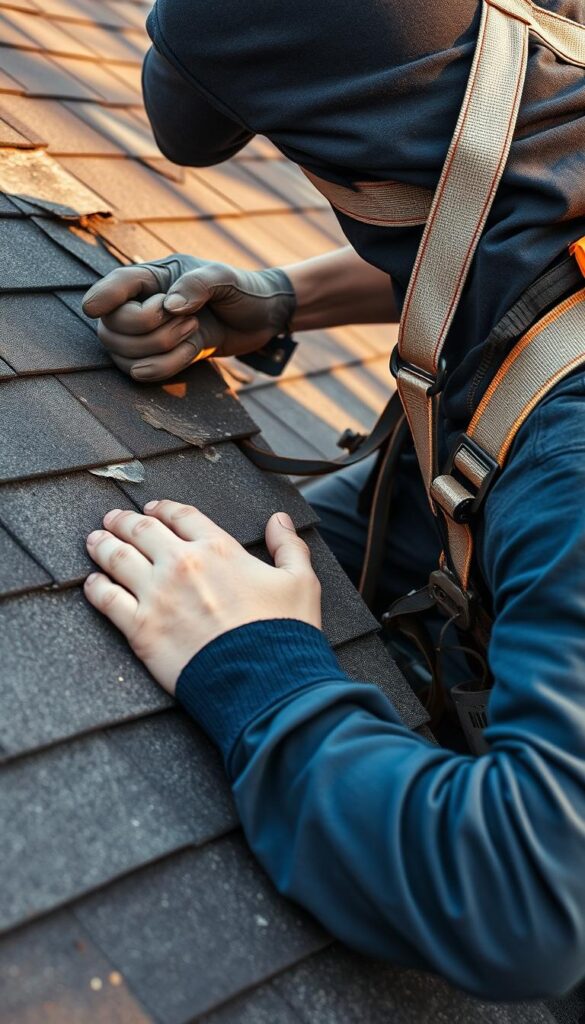 Roofing technician repairing damaged shingles on a Chicago home after storm damage Roofing technician repairing damaged shingles on a Chicago home after storm damage