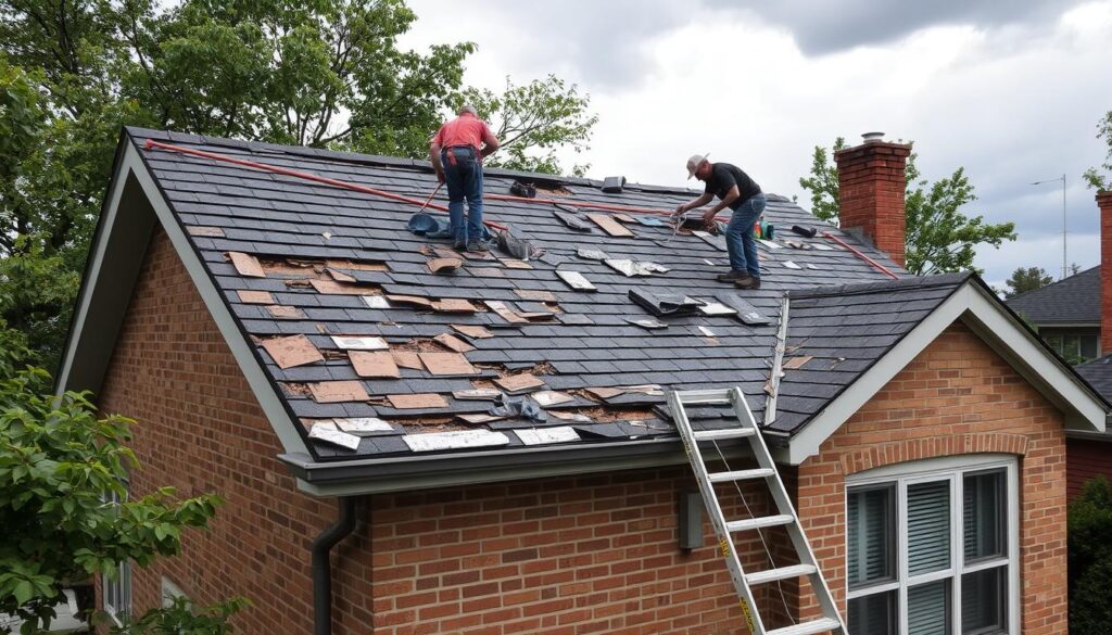 Storm damage repair on a Chicago home roof Storm damage repair on a Chicago home roof