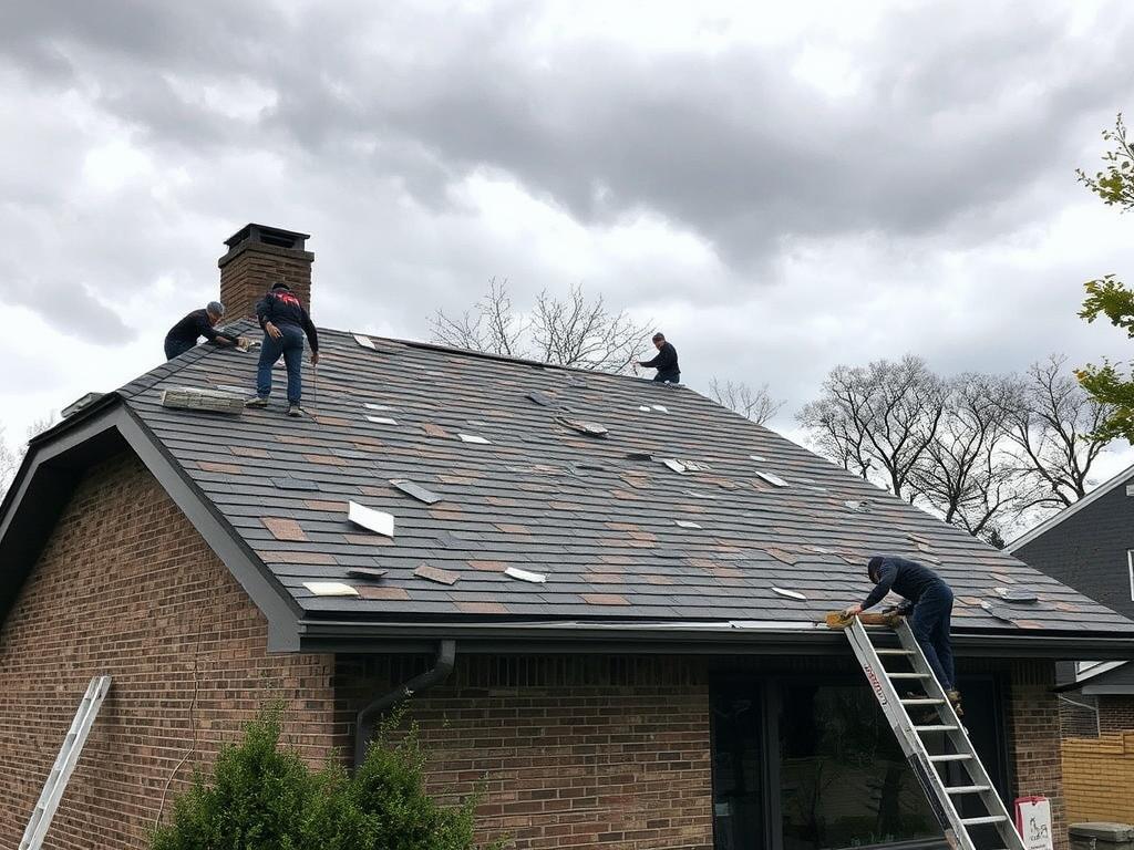 Storm damage restoration on Chicago roof Storm damage restoration on Chicago roof