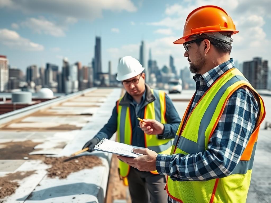 Thorough roof inspection being performed on a Chicago commercial building Thorough roof inspection being performed on a Chicago commercial building