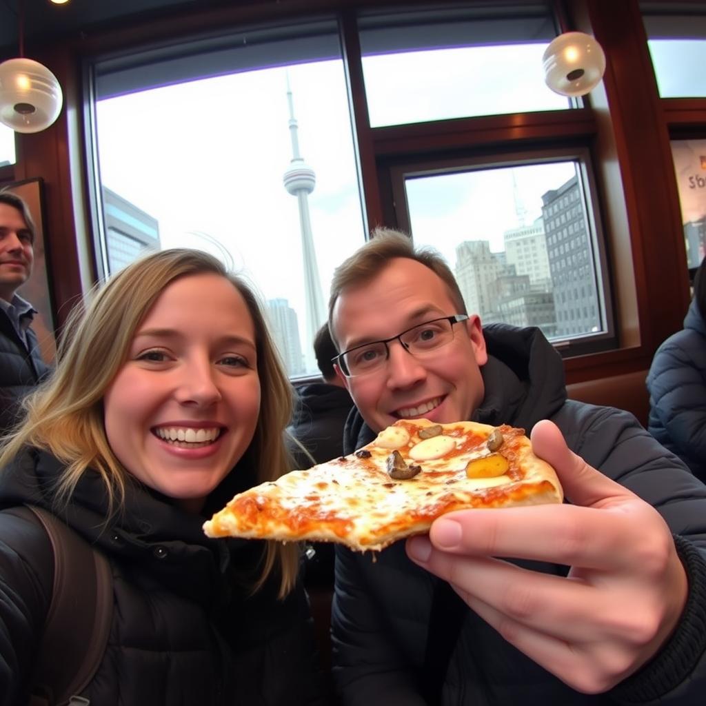 Turista experimentando Pizza em Toronto Turista experimentando Pizza em Toronto