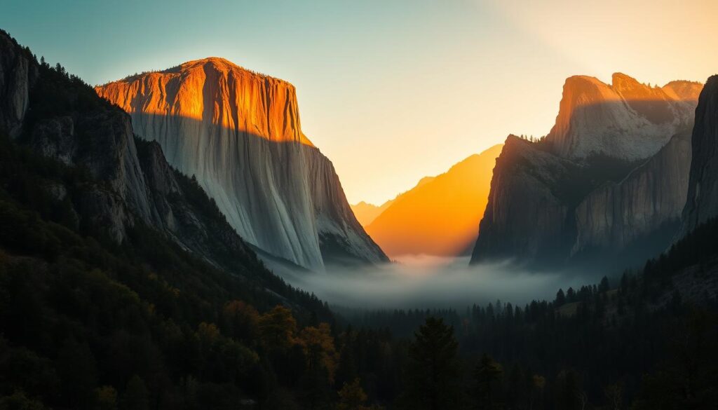 Yosemite Valley with El Capitan and Half Dome at sunrise, America's most stunning national park Yosemite Valley with El Capitan and Half Dome at sunrise, America's most stunning national park