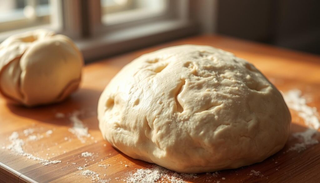 a professional, high-quality photography of freshly kneaded pizza dough on a wooden surface, with a focus on the intricate texture and structure of the dough, illuminated by natural, soft lighting from the side, capturing the subtle sheen and elasticity of the dough, with a clean, uncluttered background that showcases the dough as the primary subject, shot at a slight angle to provide depth and perspective, using a shallow depth of field to keep the dough in sharp focus while gently blurring the background, creating a sense of artisanal craftsmanship and attention to detail