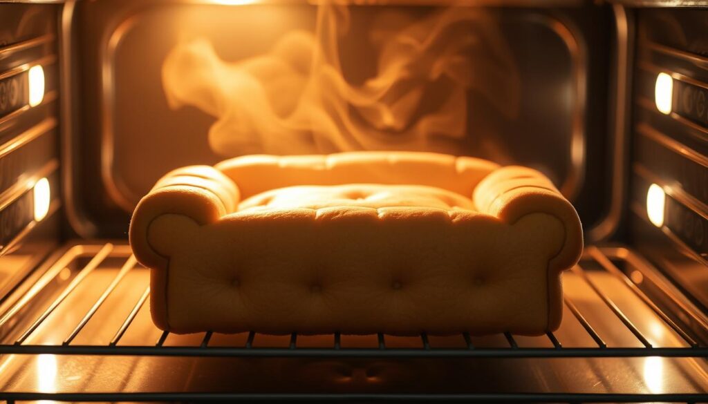 A couch-shaped cake, delicately baked to a golden brown, sits in the center of a well-lit oven. The warm glow of the heating elements bathes the dessert in a soft, inviting light, casting gentle shadows that accentuate its plush, cushion-like texture. Wisps of steam rise from the oven, hinting at the moist, fluffy interior waiting to be revealed. The scene conveys a sense of domestic comfort and the anticipation of a decadent homemade treat, perfectly in line with the "Couch Cake" recipe featured in the article.