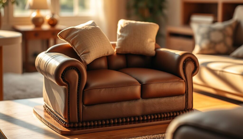 A delectable couch-shaped cake, meticulously crafted with rich chocolate sponge, adorned with a smooth buttercream frosting. The couch's cushions are sculpted with precision, their texture inviting and realistic. Fluffy pillows, plump and inviting, rest atop the cake, their fabric-like appearance complementing the overall design. The cake stands in a warm, softly lit living room setting, surrounded by cozy furniture and décor, creating a harmonious and comforting atmosphere. Warm, golden lighting bathes the scene, casting gentle shadows and highlights that enhance the cake's alluring appearance. The overall composition evokes a sense of homey indulgence, perfectly capturing the essence of a cherished dessert for special occasions.