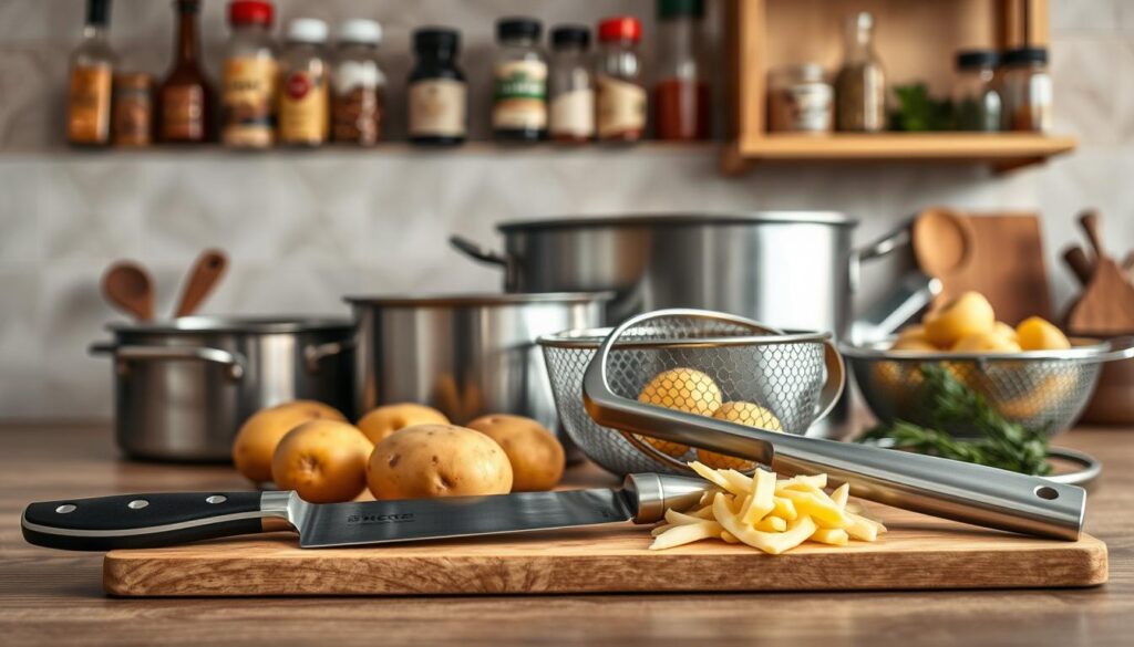 A well-lit, high-resolution still life scene depicting an assortment of essential kitchen tools for preparing potatoes. In the foreground, a sharp chef's knife, a sturdy peeler, and a stainless steel potato masher are neatly arranged on a wooden cutting board. In the middle ground, a large pot, a mesh strainer, and a ricer stand ready. The background features a neutral-toned backsplash and shelving unit stocked with various spices and herbs. The overall composition conveys a sense of organization, functionality, and culinary preparedness.