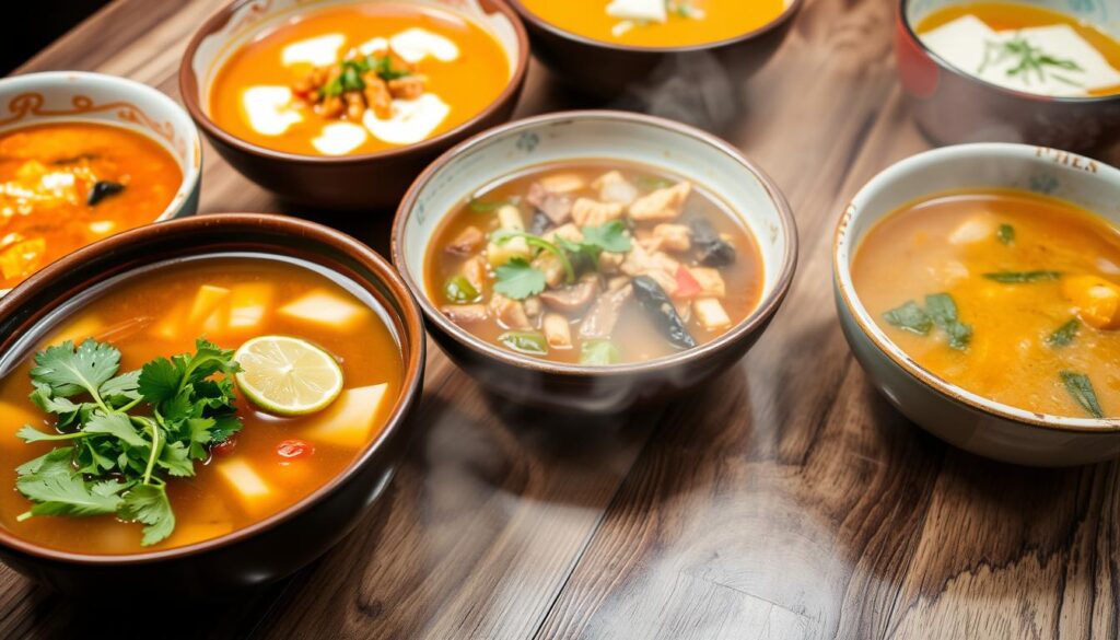 Bowls of different international soup recipes