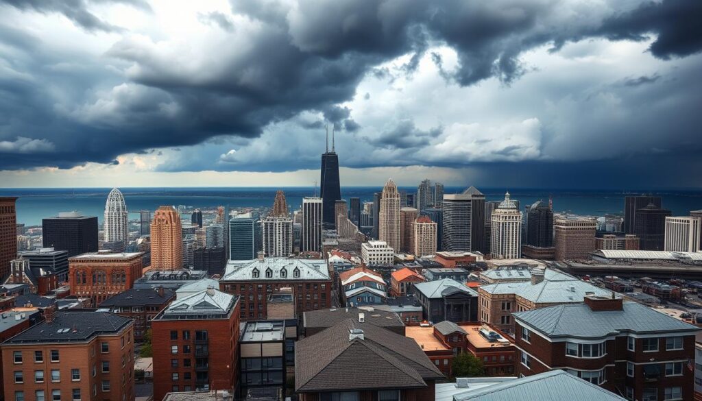 Chicago skyline showing diverse roofing systems withstanding local weather Chicago skyline showing diverse roofing systems withstanding local weather