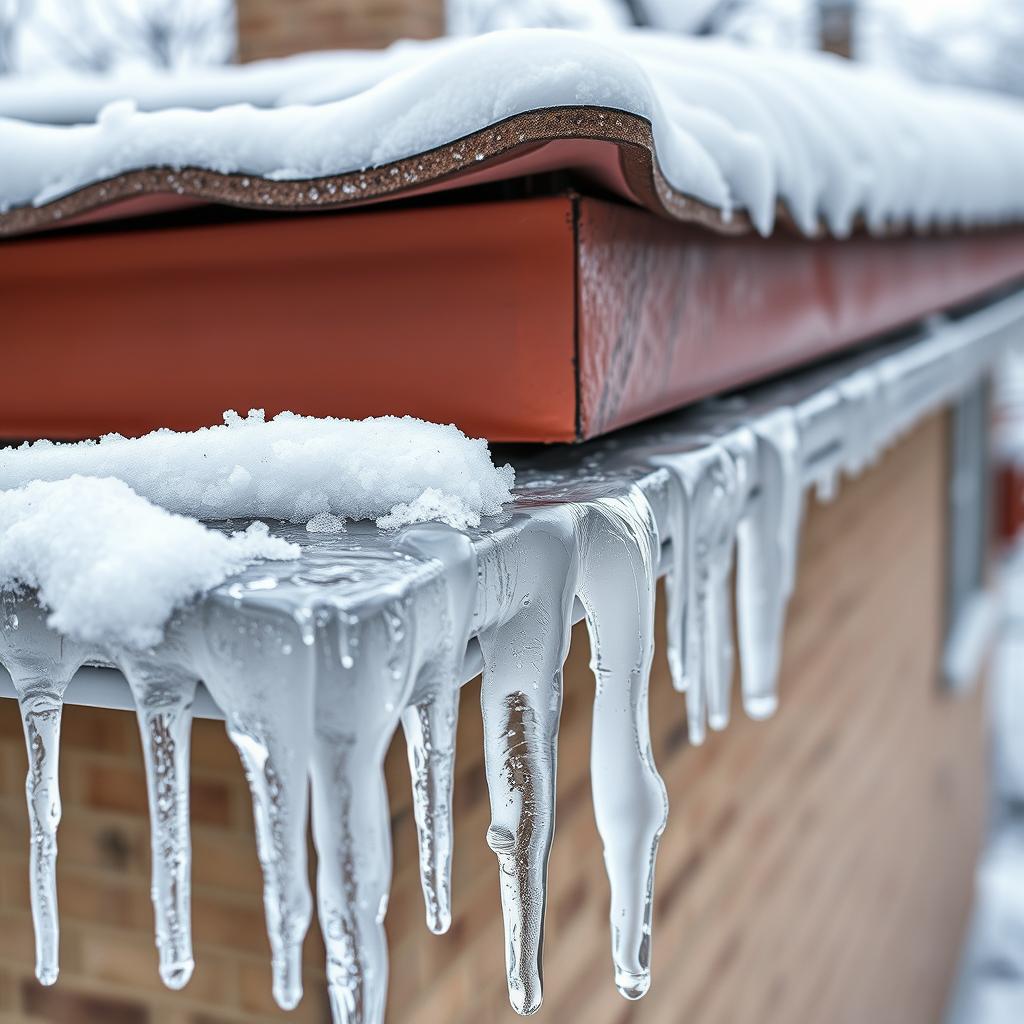 Chicago winter snow on roof showing ice dam formation Chicago winter snow on roof showing ice dam formation