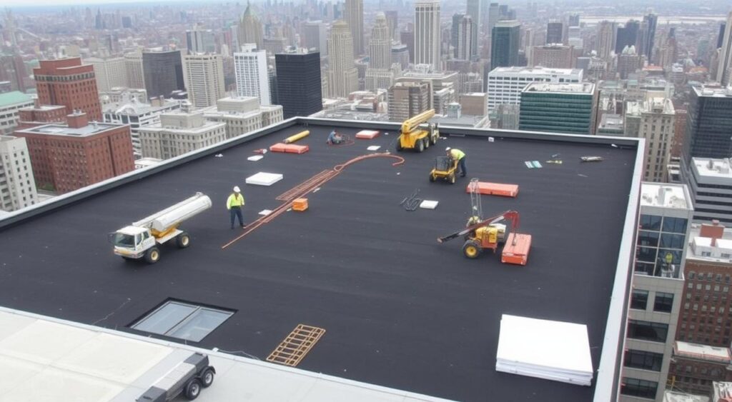 Commercial flat roof installation on a New York City building