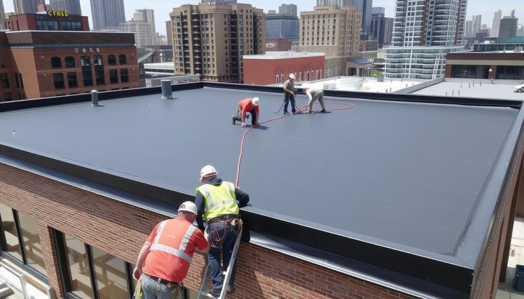 Commercial roofing installation in Chicago on a flat roof building Commercial roofing installation in Chicago on a flat roof building