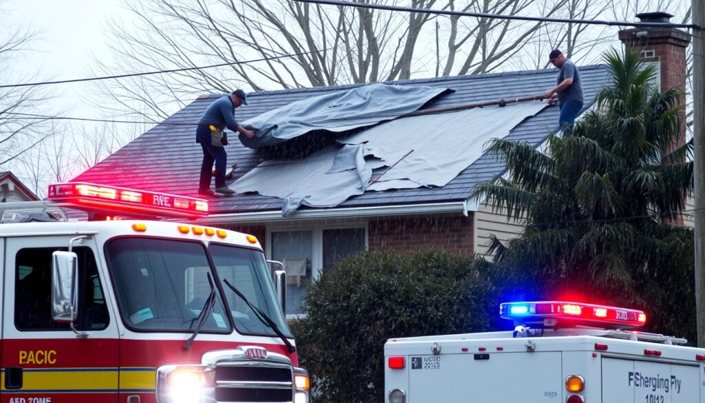 Emergency roof repair being performed after storm damage in New York