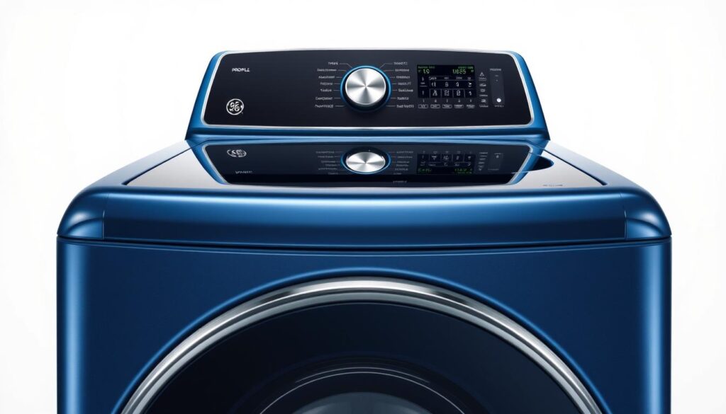 GE Profile PTW800BPWRS top-loading washing machine in sapphire blue finish