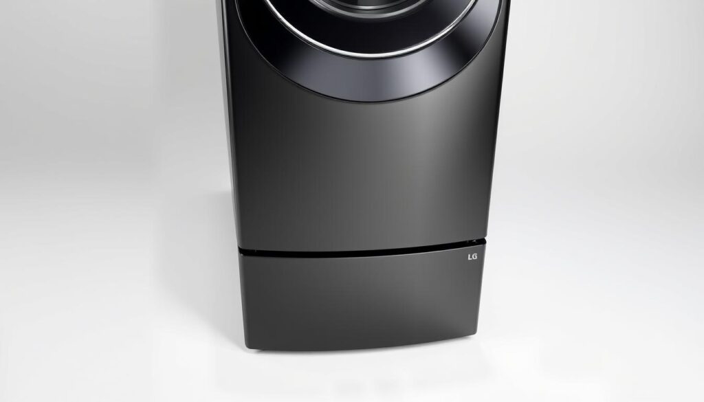 LG WashTower WKE200HBA stacked washer and dryer unit in black steel finish